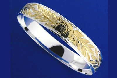 SILVER 925 HAWAIIAN BANGLE BRACELET HIBISCUS FLOWER MAILE LEAF 10MM 2 TONE