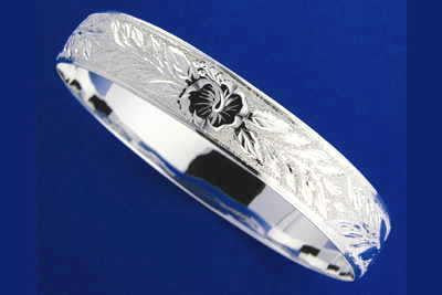 SILVER 925 HAWAIIAN BANGLE BRACELET HIBISCUS FLOWER MAILE LEAF 18MM