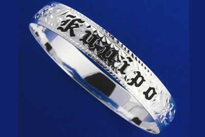 SILVER 925 HAWAIIAN BANGLE BRACELET BLACK ENAMEL KUUIPO SCROLL SMOOTH EDGE 12MM