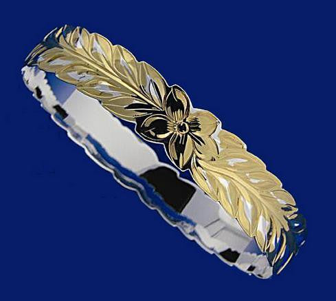 SILVER 925 HAWAIIAN BANGLE BRACELET PLUMERIA MAILE LEAF LEAVES LEI 12MM 2 TONE