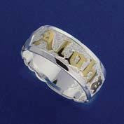 8MM SILVER 925 HAWAIIAN RING ALOHA RAISED LETTER SCROLL PLUMERIA YELLOW 2 TONE