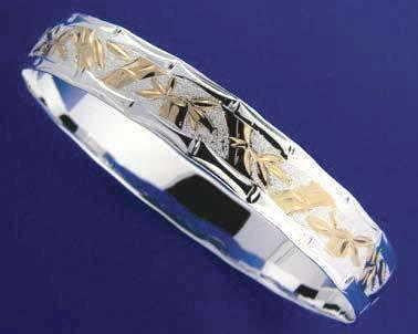 SILVER 925 HAWAIIAN BANGLE BRACELET BAMBOO 10MM YELLOW GOLD PLATED 2 TONE