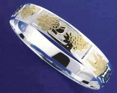SILVER 925 HAWAIIAN BANGLE BRACELET TROPICAL FLOWER SMOOTH EDGE 18MM 2 TONE