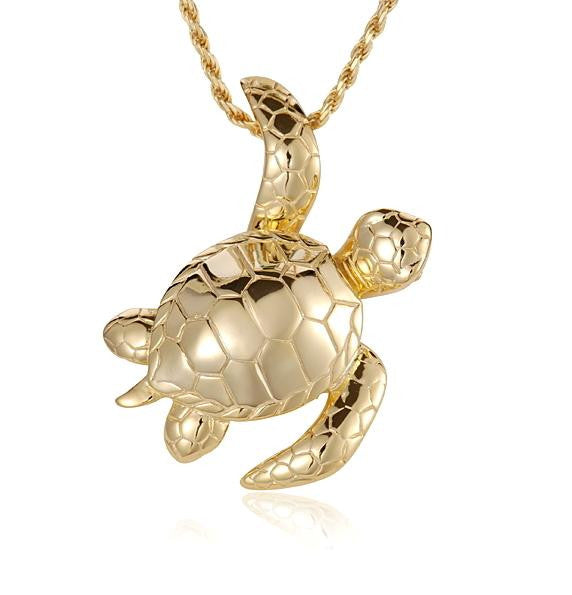 YELLOW GOLD PLATED SILVER 925 SHINY 3D HAWAIIAN SEA TURTLE SLIDER PENDANT