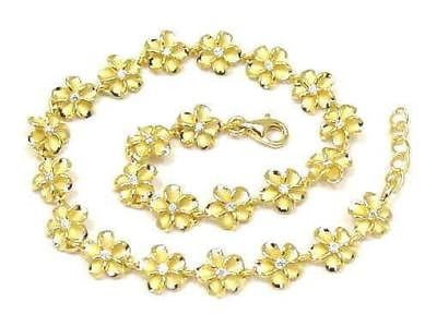 YELLOW GOLD PLATED SILVER HAWAIIAN FANCY PLUMERIA FLOWER ANKLET CZ 8MM 9.5"+