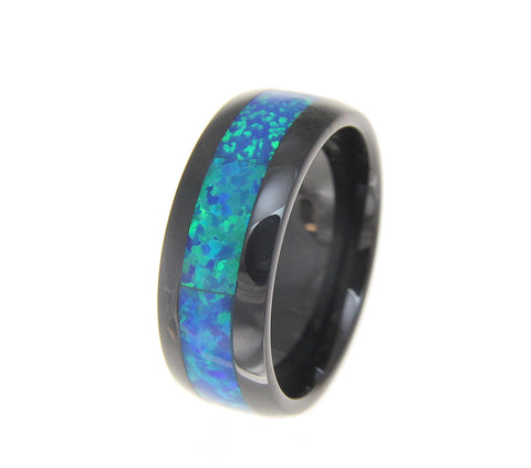 Black Ceramic 8mm Wedding Band Ring Blue Opal Inlay Comfort Fit Size 5-14