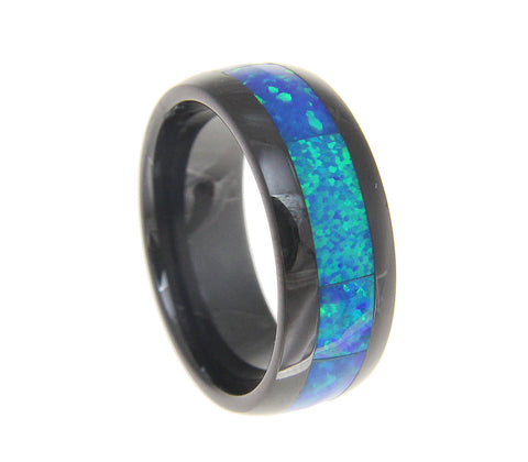 Black Ceramic 8mm Wedding Band Ring Blue Opal Inlay Comfort Fit Size 5-14