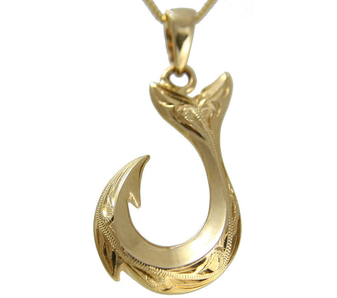 SOLID 14K YELLOW GOLD FISHHOOK WHALE TAIL HAND ENGRAVED HAWAIIAN SCROLL PENDANT