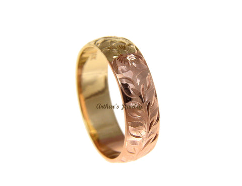 14K YELLOW ROSE GOLD 2 TONE CUSTOM HAND ENGRAVED HAWAIIAN SCROLL MAILE 6MM RING SIZE 2 TO 14