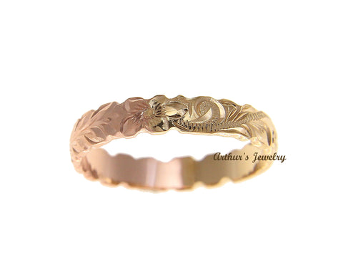 14K YELLOW ROSE GOLD CUSTOM HAND ENGRAVED HAWAIIAN SCROLL MAILE RING CUT OUT 4MM