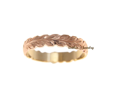 14K YELLOW ROSE GOLD CUSTOM HAND ENGRAVED HAWAIIAN SCROLL MAILE RING CUT OUT 4MM