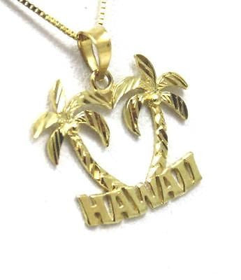SOLID 14K YELLOW GOLD SMOOTH DIAMOND CUT PALM TREE "HAWAII" PENDANT