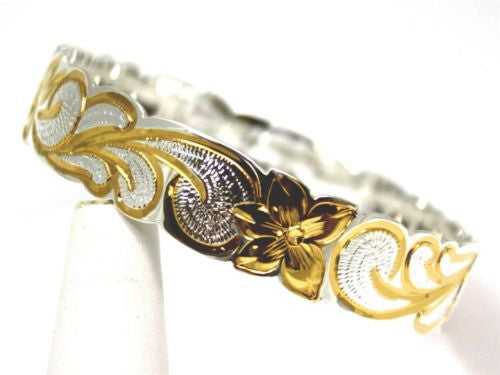 Silver Plated Yellow Gold Hawaiian Plumeria Flower Scroll online Bangle-28mm