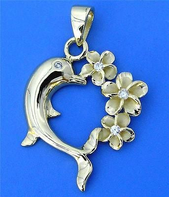 YELLOW GOLD SILVER 925 HAWAIIAN PLUMERIA FLOWER SHINY DOLPHIN PENDANT HEART