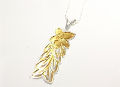 SILVER 925 12MM HAWAIIAN PLUMERIA MAILE LEAF VERTICAL PENDANT YELLOW GOLD PLATED