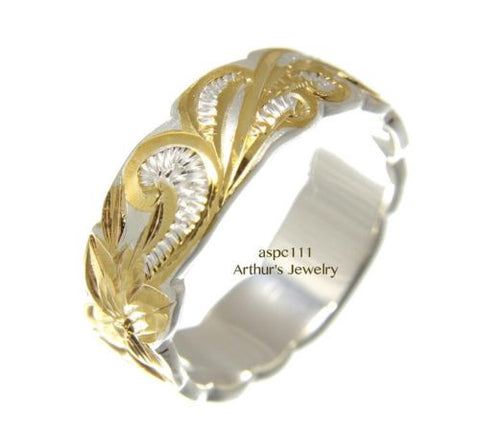 6MM SILVER 925 HAWAIIAN RING QUEEN SCROLL YELLOW GOLD PLATED 2 TONE SIZE 3 - 14