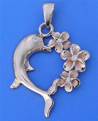 PINK ROSE SILVER 925 HAWAIIAN PLUMERIA FLOWER SHINY DOLPHIN PENDANT HEART