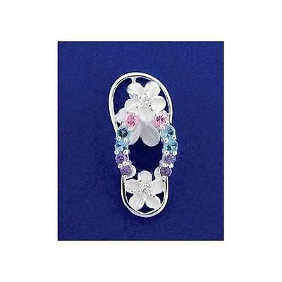 SILVER 925 HAWAIIAN SLIPPER FLIP FLOP THONG PENDANT 3 PLUMERIA MULTI COLOR CZ