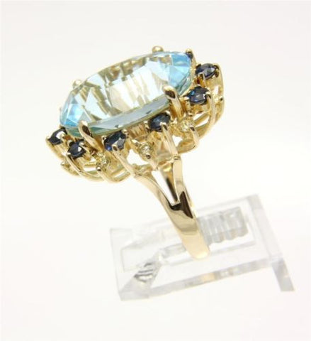 GENIUNE BLUE TOPAZ SAPPHIRE & DIAMOND RING SET IN SOLID 14K YELLOW GOLD