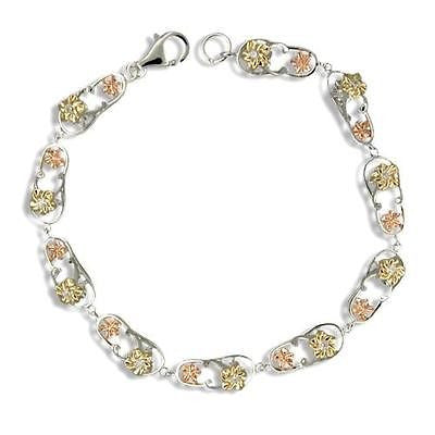 SILVER 925 TRICOLOR HAWAIIAN PLUMERIA FLIP FLOP SLIPPER BRACELET CZ RHODIUM 7.5"
