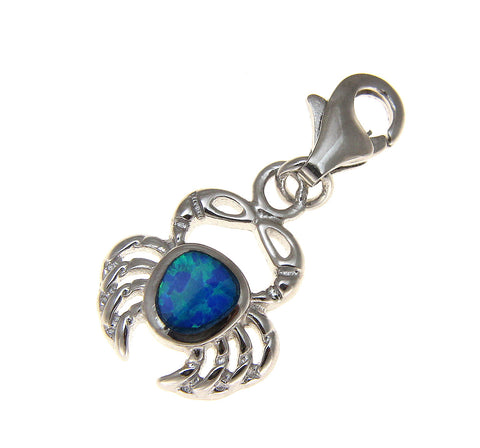 925 Sterling Silver Rhodium Hawaiian Crab Blue Opal Clasp Enhancer Pendant Charm
