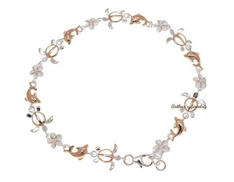 ROSE GOLD PLATED 2T SILVER 925 HAWAIIAN PLUMERIA TURTLE DOLPHIN ANKLET 9 1/2"
