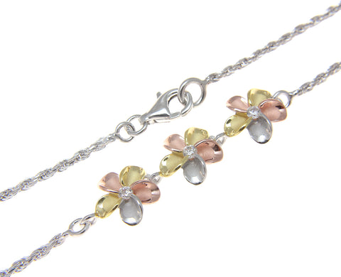 YELLOW ROSE GOLD SILVER 925 RHODIUM TRICOLOR HAWAIIAN 3 PLUMERIA ANKLET ROPE 9"