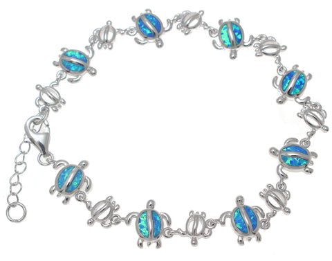 925 Sterling Silver Rhodium Hawaiian Sea Turtle Honu Blue Opal Bracelet 7"+