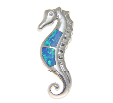 925 Sterling Silver Rhodium Hawaiian Seahorse Blue Opal CZ Slider Pendant