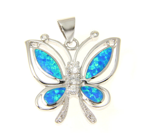 925 Sterling Silver Rhodium Hawaiian Butterfly Blue Opal CZ Pendant Charm