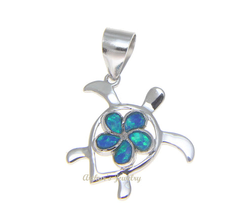 925 Silver Rhodium Hawaiian Plumeria Flower Honu Sea Turtle Blue Opal Pendant