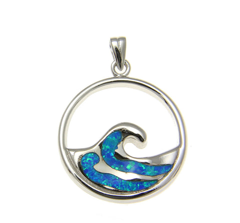925 Sterling Silver Rhodium Hawaiian 23mm Ocean Wave Blue Opal Pendant Charm