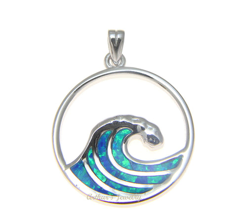 925 Sterling Silver Rhodium Hawaiian 23.5mm Ocean Wave Blue Opal Pendant Charm