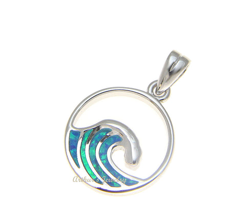 925 Sterling Silver Rhodium Hawaiian 15mm Ocean Wave Blue Opal Pendant Charm