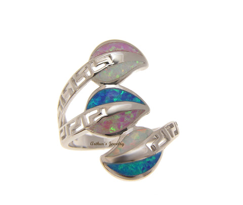 BLUE WHITE PINK TRICOLOR INLAY OPAL RING HAWAIIAN LEAF SOLID 925 STERLING SILVER