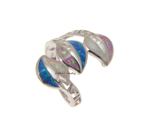 BLUE WHITE PINK TRICOLOR INLAY OPAL RING HAWAIIAN LEAF SOLID 925 STERLING SILVER