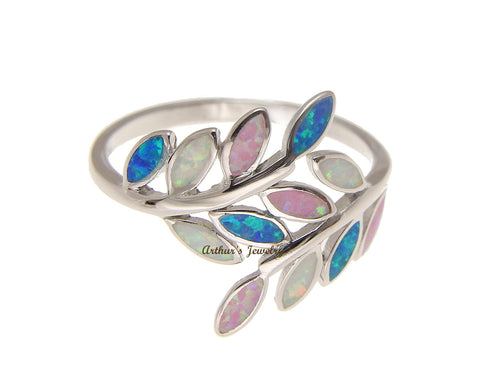 BLUE WHITE PINK TRICOLOR INLAY OPAL RING HAWAIIAN MAILE LEAF 925 STERLING SILVER