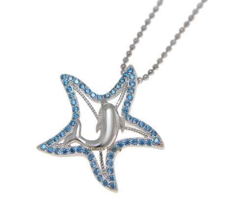 925 Sterling Silver Genuine Blue Topaz Hawaiian Starfish Dolphin Pendant