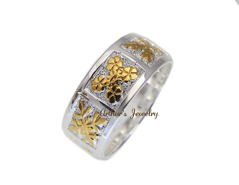 925 SILVER YELLOW GOLD PLATED HAWAIIAN QUILT TURTLE DOLPHIN HIBISCUS LEAF 8MM RING 3-14
