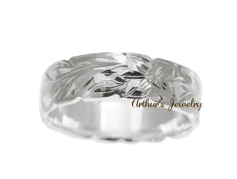 6MM STERLING SILVER 925 HAWAIIAN BAND RING PLUMERIA FLOWER MAILE LEAF CUT OUT