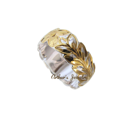 925 STERLING SILVER YELLOW GOLD 2 TONE HAWAIIAN PLUMERIA MAILE LEAF 8MM RING