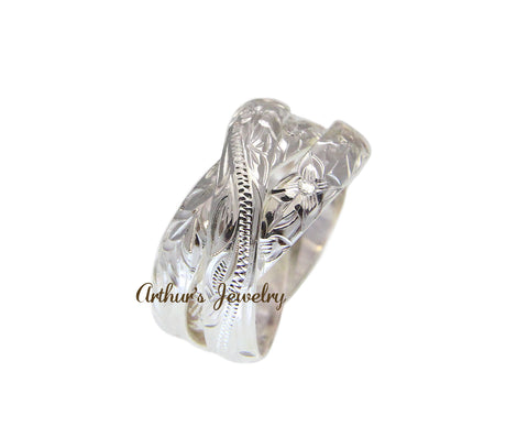 STERLING SILVER 925 3 IN 1 HAWAIIAN ENGRAVED PLUMERIA SCROLL MAILE LEAF RING