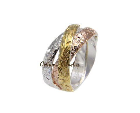 STERLING SILVER 925 TRICOLOR 3 IN 1 HAWAIIAN SCROLL PLUMERIA MAILE LEAF RING