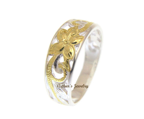 SILVER 925 HAWAIIAN PLUMERIIA SCROLL CUT OUT RING YELLOW GOLD PLATED SIZE 2 - 12