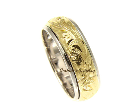 STERLING SILVER 925 HAWAIIAN PLUMERIA SCROLL YELLOW GOLD PLATED 2 TONE SPIN RING