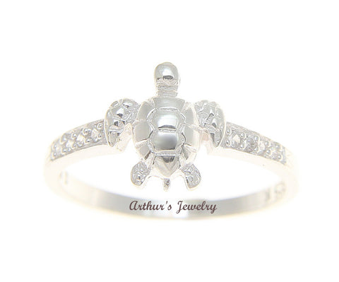 STERLING SILVER 925 HAWAIIAN SEA TURTLE RING WITH CLEAR CZ SIZE 3 - 10