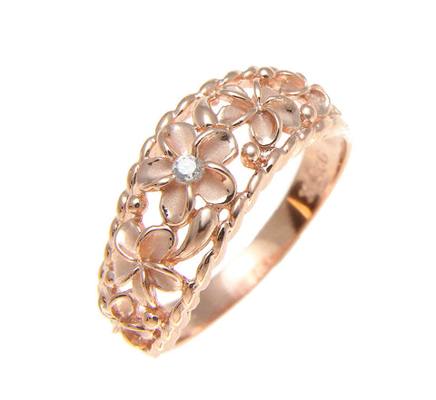 PINK ROSE GOLD PLATED 925 SILVER 5 HAWAIIAN PLUMERIA FLOWER CZ RING CURVE STYLE