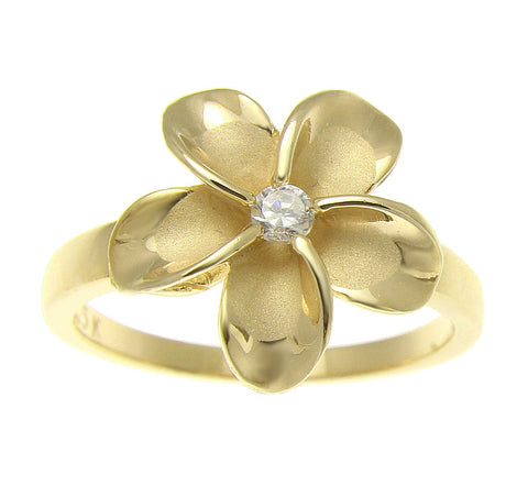 YELLOW GOLD PLATED STERLING SILVER 925 HAWAIIAN PLUMERIA FLOWER RING 15MM CZ