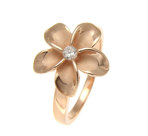 PINK ROSE GOLD PLATED STERLING SILVER 925 HAWAIIAN PLUMERIA FLOWER RING 15MM CZ