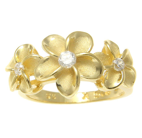 YELLOW GOLD PLATED STERLING SILVER 925 HAWAIIAN 3 PLUMERIA FLOWER RING CZ